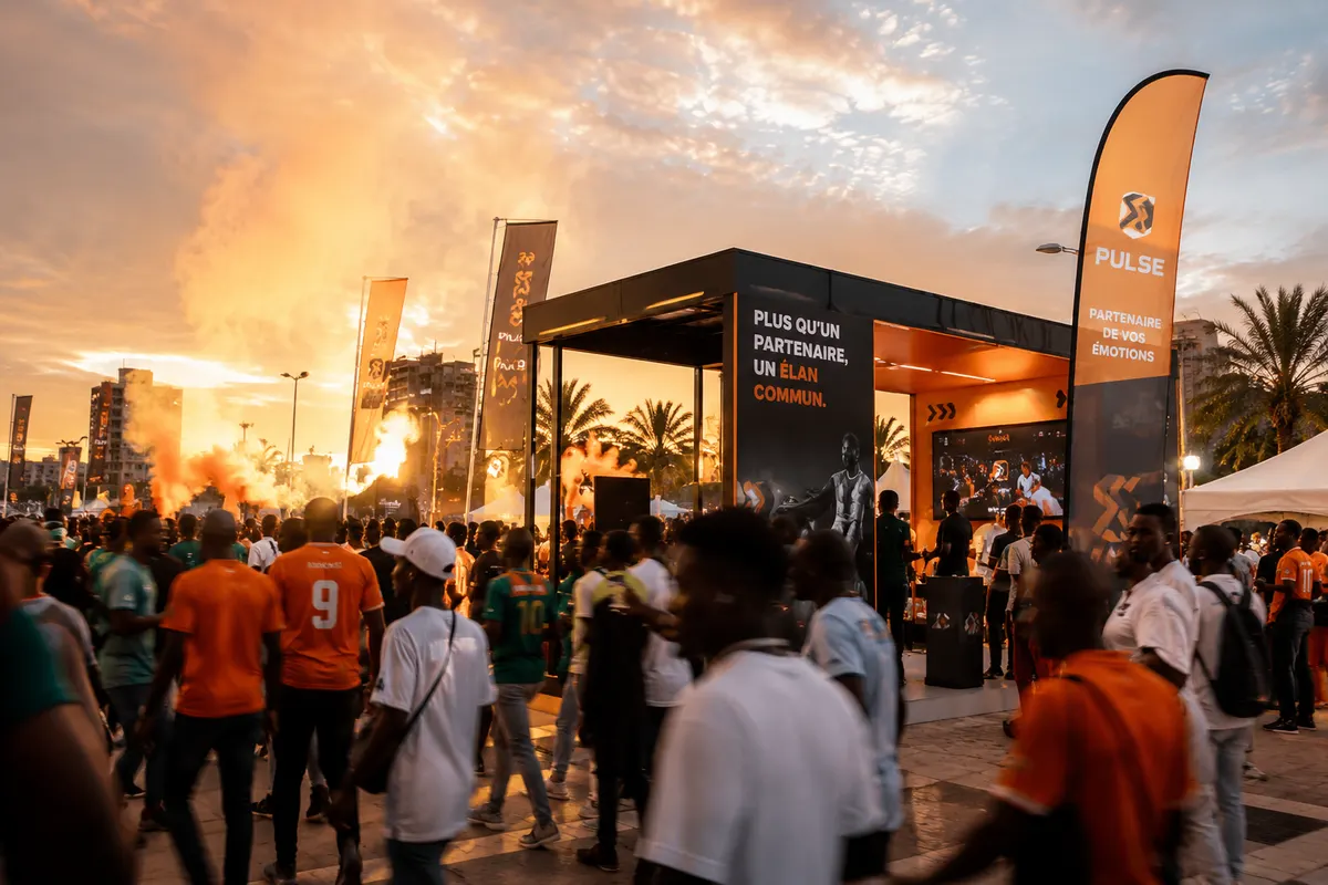 Activation de marque événementielle au coucher du soleil, foule et stands