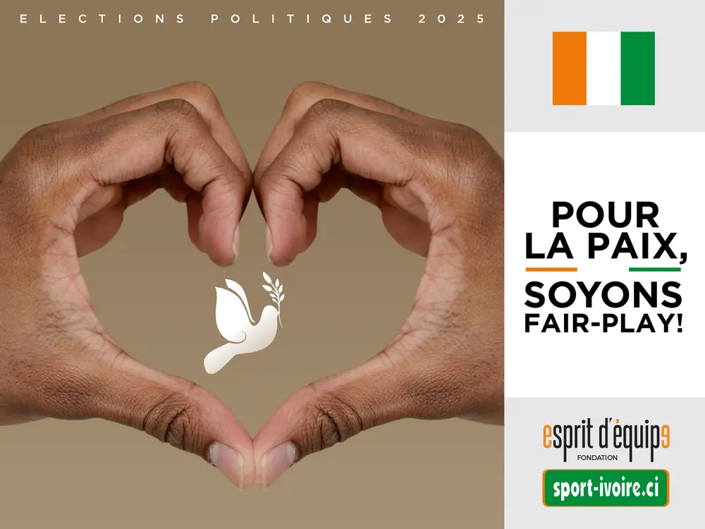Affiche 4x3 Pour la paix, soyons fair-play — élections 2025, mains formant un cœur