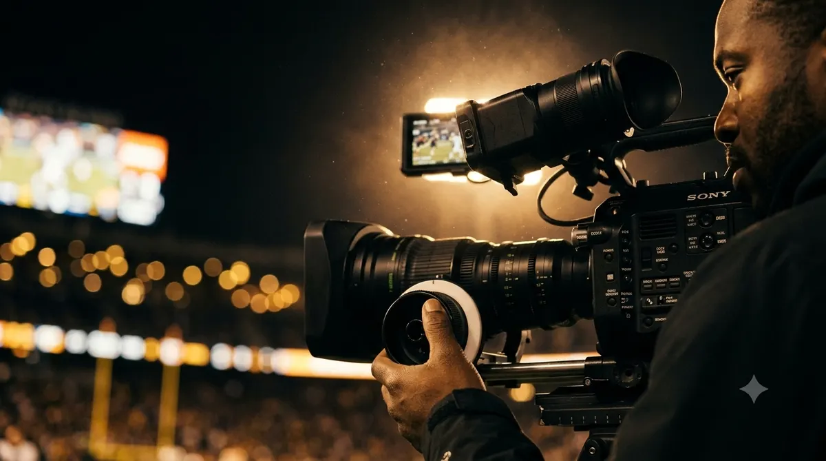 Cadreur filmant un match en soirée avec caméra broadcast